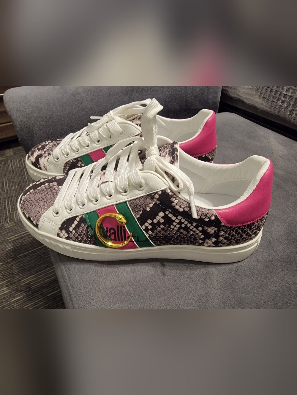 Roberto Cavalli White Snake-Print Sneakers with Pink & Green Accents